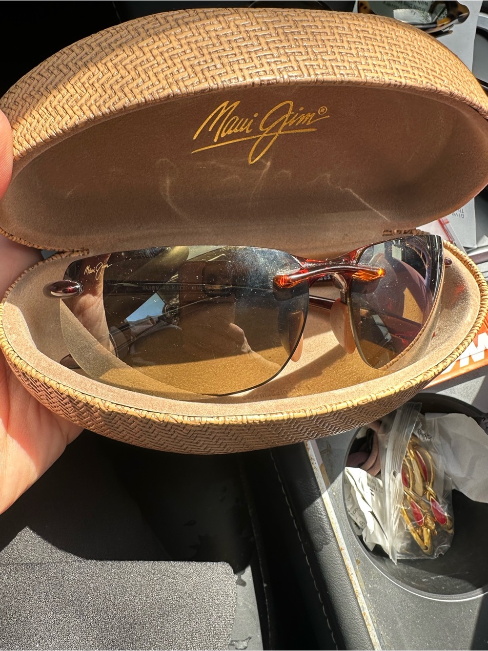 Maui Jim Rimless Sunglasses with Tortoise Temples and Brown Lenses